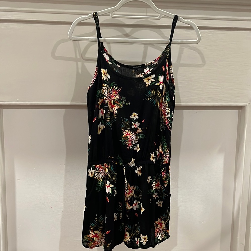 AMBIANCE Black Floral Shorts Romper.  Size Small